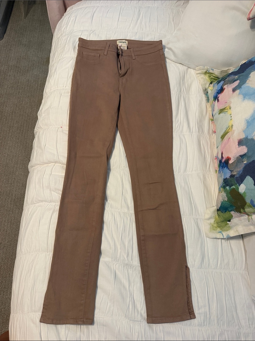 L'AGENCE Dark Khaki straight ankle slit denim